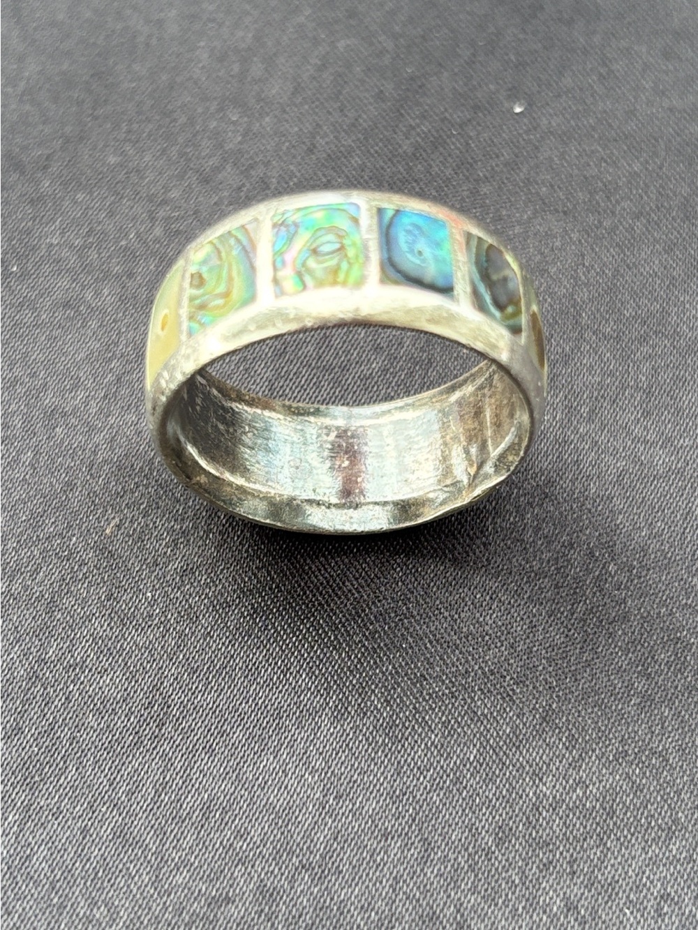 Vintage Sterling Silver Abalone Inlay Men's Band Ring - Iridescent Green Blue